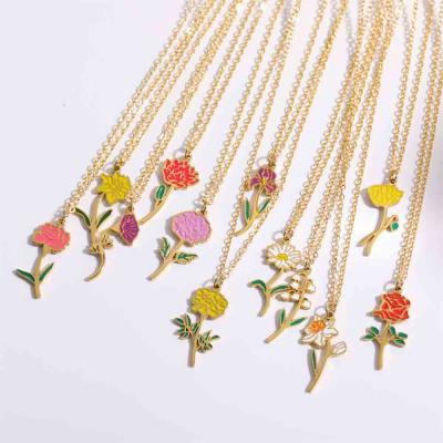 Trendy design enamel color 12 birthflower necklace 18k gold for women gift