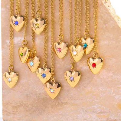 Wholesale 12 months birthstone DIY Frame Photo locket necklace stainless steel heart pendant necklace for mother days gifts