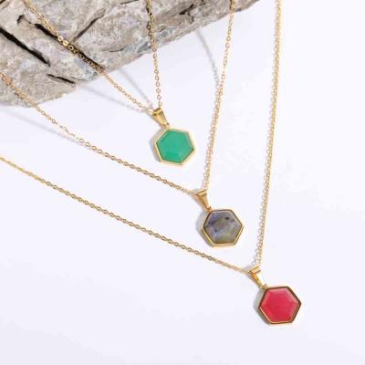 18k Gold Stainless Steel Natural Stone Hexagon Pendant Choker Necklace For Women