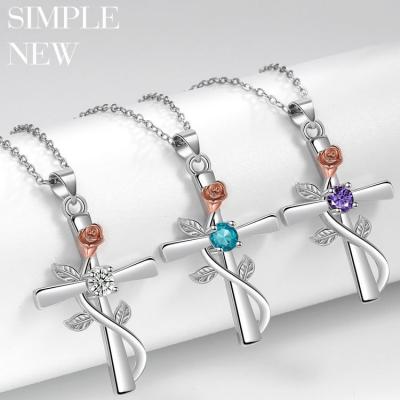 2023 Hot Sale 12 Birthstone Zircon Cross Pendant Necklaces For Women