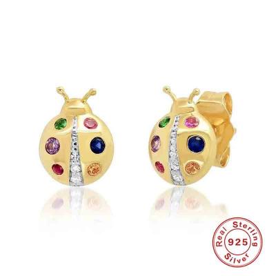 Fashion colorful 3A zircon 925 sterling silver ladybird stud earrings for girls