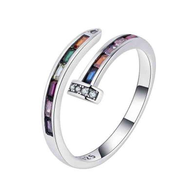 925 sterling silver colorful 5A zirconia adjustable nail rings for women