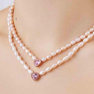 Hot sale pink 5A zirconia heart pendant of fresh water pearl necklaces for women