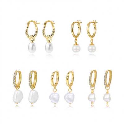 Trendy style 925 sterling silver hoop freshwater pearl earrings 18k gold for women