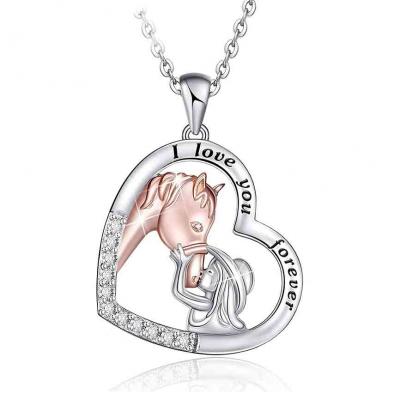 Fashion 925 sterling silver The girl and the Horse AAA zircon heart pendant necklace for women jewelry 