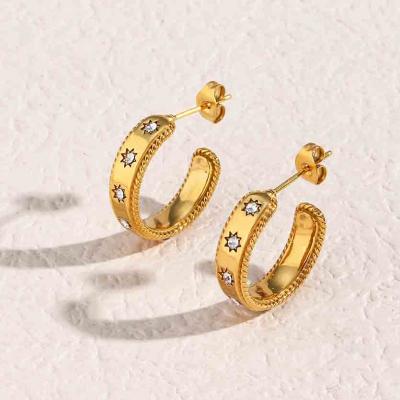 Fashion 18k Gold Platings C Shaped Stainless Steel Zircon Star Earrings For Ladies