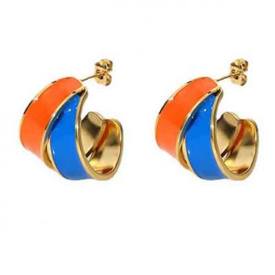 INS style stainless steel enamel orange blue cuff earrings for women 18k gold