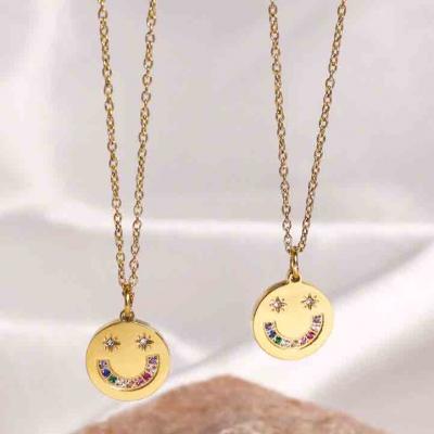  Korean Style Colorful Zircon Stainless Steel Smile Face Pendant Necklace For Ladies