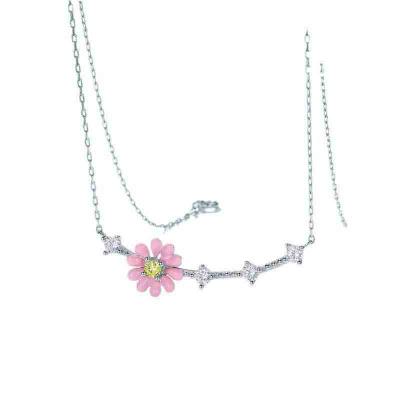 925 Silver Pink Enamel Daisy Necklace Trendy Flower Pendant Necklace For Girl Summer jewelry