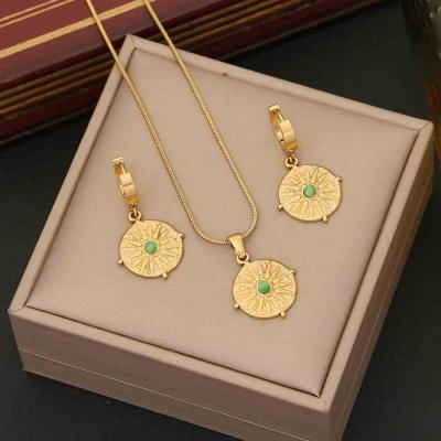 Fashion Bohemian Style Women's Round Gold Plated Natural Stone Pendant Necklace Earrings Jewelry Sets