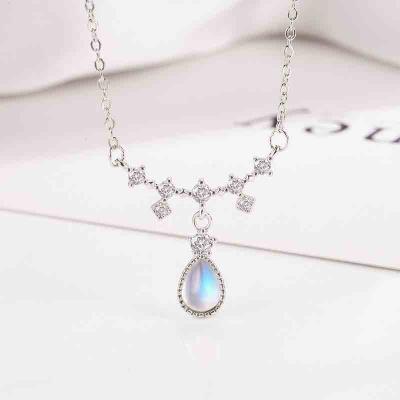 Fashion Sparkling Zircon Clavicle Chain 925 Silver Waterdrop Moonstone Pendant Necklace Jewelry For Women Teens Girls Birthday Valentine'S Day