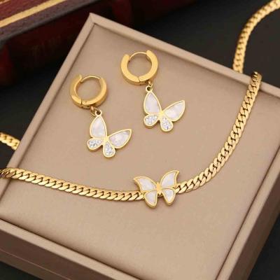 Popular stainless steel snake chain butterfly pendant choker necklace bracelet earrings for jewelry set 