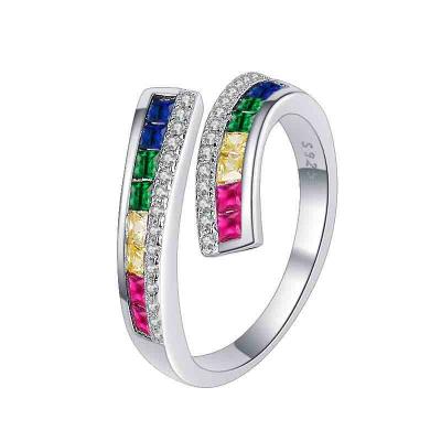 New trendy 925 sterling silver colorful 5A zirconia gemstone rainbow rings