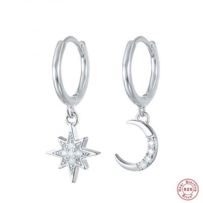 Asymmetric 925 sterling silver moon and star 5A hoop earrings for ladies jewelry