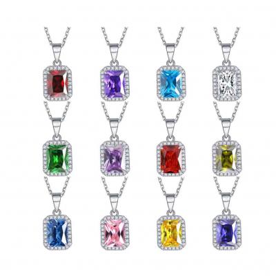 S925 sterling silver 12 birthstone AAA zircon gemstone square pendant necklace for women