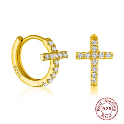 Hot sale 925 sterling silver 5A zircon cross hoop earrings 18k gold for Christmas