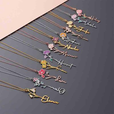 Personalized 925 sterling silver dangling flower name letter necklace 18k gold for mother gift