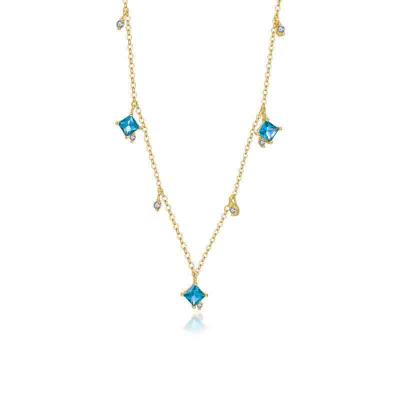 Elegant 925 sterling silver 5A zircon geometric square blue stone charms choker necklace for girls