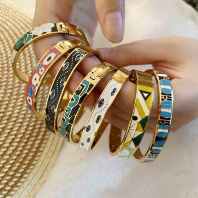 Vintage style stainless steel colorful enamel evil eye bangle PVD plating for women