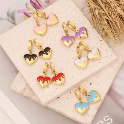 Vintage style stainless steel colorful enamel heart earrings 18k gold for women