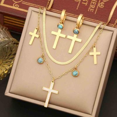 Hot sale stainless steel double layer chains cross necklace bracelet earrings for jewelry sets