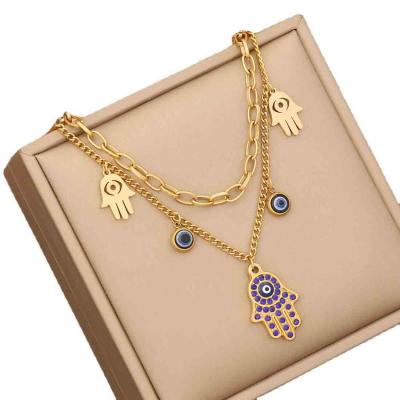 Fashion style stainless steel evil eye double layer chain bracelet necklace earrings for jewelry sets