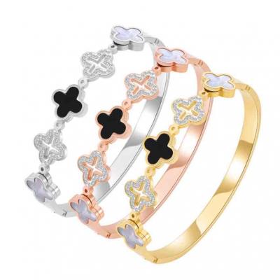 Korean style stainless steel sea shell AAA zircon four leaf clover bracelet bangle for women 18k gold