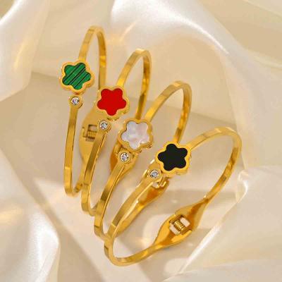 Luxury stainless steel shell stone four leaf clover bangle 18k gold for women